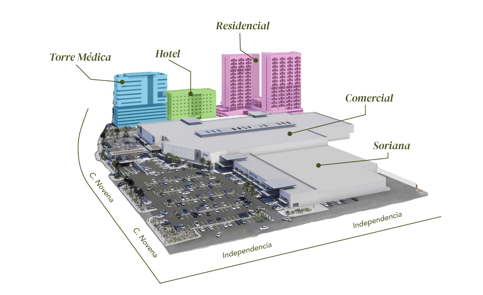 Master plan de Alameda del Valle con torre médica, hotel, torres residenciales, plaza comercial y Soriana